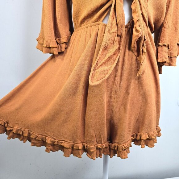 HYFVE Rust Orange Brown Ruffle Bell Sleeve Front Knot Romper - Picture 7 of 9